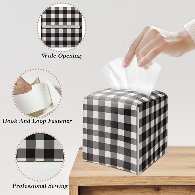 Black and White Buffalo Plaid Tissue Box Cover Square, Leather Tissue Holder with Bottom Belt, for Nightstands Desks Office Bathroom Car Vanity Home Decor Supplies -009