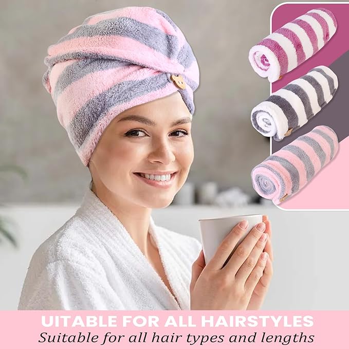 YHPDYL 3 Pack Microfiber Hair Towel Wrap for Women, Fast Drying Hair Turban with Button, Anti-Frizz Large Hair Towel for All Hair Styles, Soft & Absorbent Hair Drying Towel