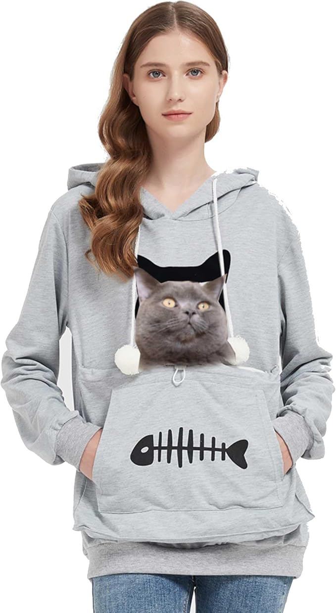 Gets Pet Cat Dog Pouch Hoodie Kitten Puppy Holder Carrier Pullover Long Sleeve Kangaroo Pocket Hoodie Unisex (Light Grey,XL)