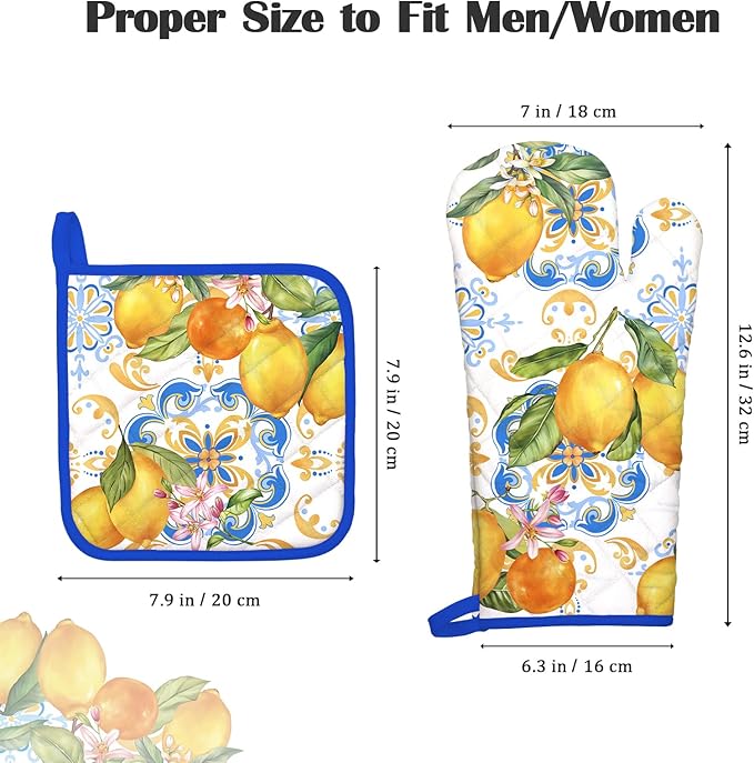 Summer Lemon Oven Mitts and Pot Holders Sets 2Pcs, 100% Cotton Heat Resistant, Extra Long Oven Gloves Potholder for Kitchen Cooking Baking Decoration