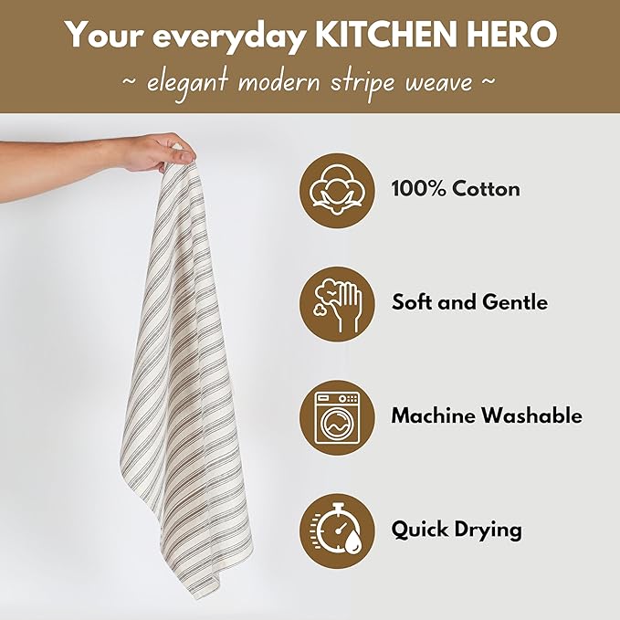 Native Fab 4 Pack Farmhouse Modern Stripe Kitchen Dish Towels Cotton Super Absorbent Quick Drying Reusable 18x26 Inches - Bar Hand Towels, Kitchen Cleaning Towels with Hanging Loop, Zaha Brown