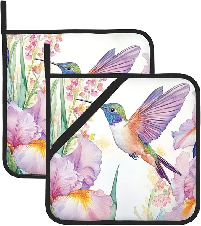 Spring Floral Hummingbirds Pot Holders Set of 2 Summer Botanical Kitchen Decorative Heat Resistant Potholder Cotton Lining Oven Hot Pads for Kitchen Cooking Baking Microwave Oven End Dishes BBQ Gifts