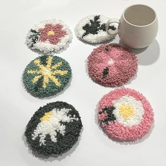 Allazone Punch Needle Kits, Punch Needle Coasters Kit, Punch Embroidery Kit with Felt Yarns Hoop Tools for DIY Coaster Crafts (Flowers)