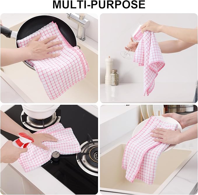 Kitinjoy Cotton 8 Pack Terry Kitchen Towels, 16 x 25 Inches Super Soft and Absorbent Dish Towels, Quick Drying Hand Towels for Kitchen Drying, Pink