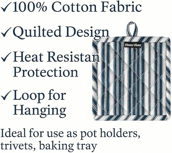 AMOUR INFINI Double Stripe Pot Holders Heat Resistant Cotton Set of 3 Nonslip 8"x8" Inch Hot Pads for Kitchen, BBQ, Baking & Cooking with Hanging Loops (Blue)