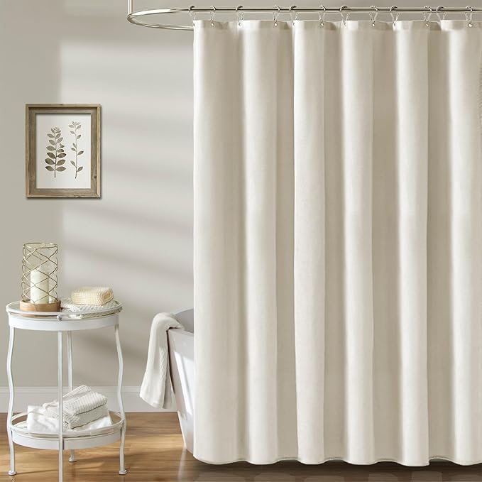 BTTN Stall Fabric Shower Curtain - 54x72 Inch Long Linen Textured Heavy Duty Shower Curtain Set with 10 Plastic Hooks, Hotel Spa Weighted Waterproof Neutral Bath Curtains for Bathroom - Light Cream