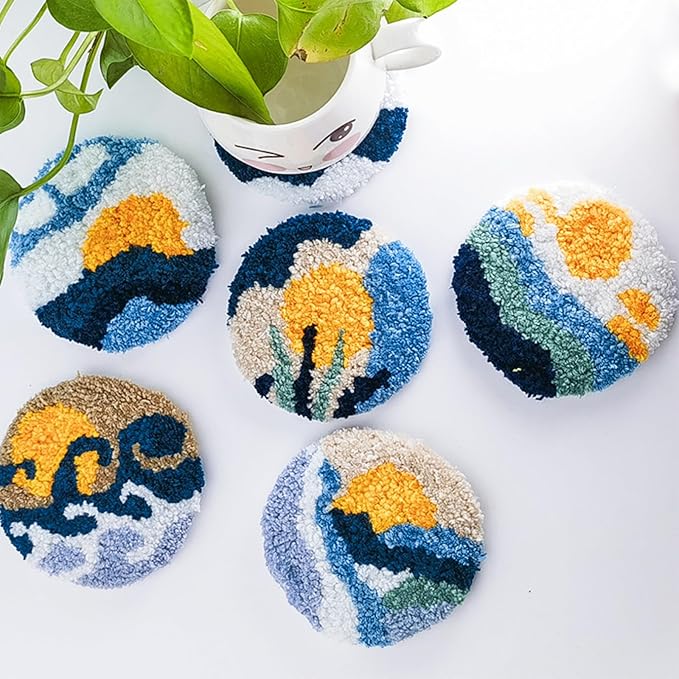Allazone Punch Needle Kits, Punch Needle Coasters Kit, Punch Embroidery Kit with Felt Yarns Hoop Tools for DIY Coaster Crafts (Mountains and Rivers)