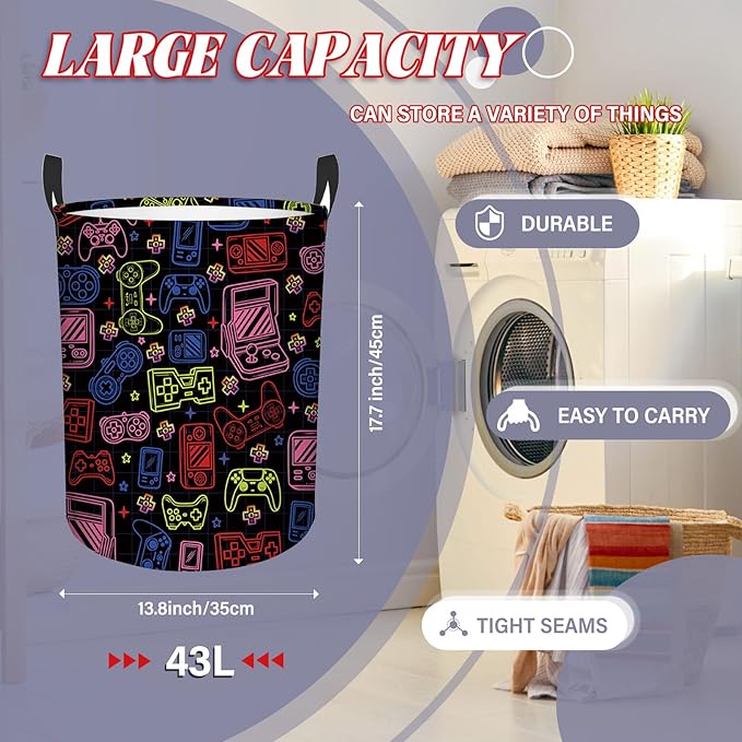Game Gaming Laundry Basket, 43L Round Oxford Cloth Laundry Hamper, Waterproof Collapsible Storage Organizer Bin with Handles for Toys, Nursery Home Storage, Gift for Chritsmas Thanksgiving 13.8x17.7