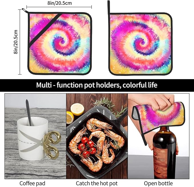 2pcs Rainbow Tie-Dye Pot Holder with Loop, Set of 2 Heat Resistant Oven Pads, Professional Baking Food Hot Pat for Kitchen Cooking Barbecue (Colorful)