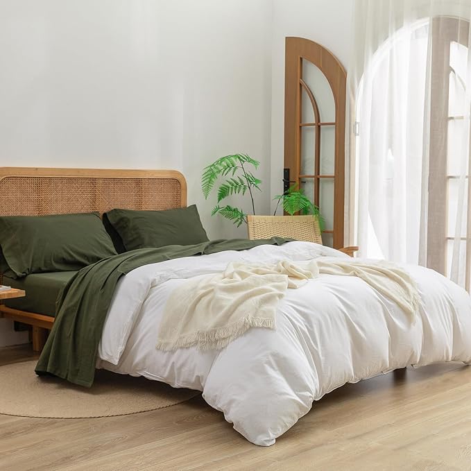 BESTOUCH Sheet Set 100% Washed Cotton Linen Feel Super Soft Comfortable Chic Lightweight 4 Pcs Home Bedding Set Solid Olive Green Cal King