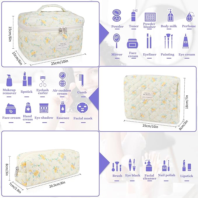 Gosect Quilted Makeup Bag Set, Large Floral Cosmetic Bag for Women, Cute Cotton Makeup Bag, Flower Travel Toiletry Organizer Bag (Yellow Daylily)