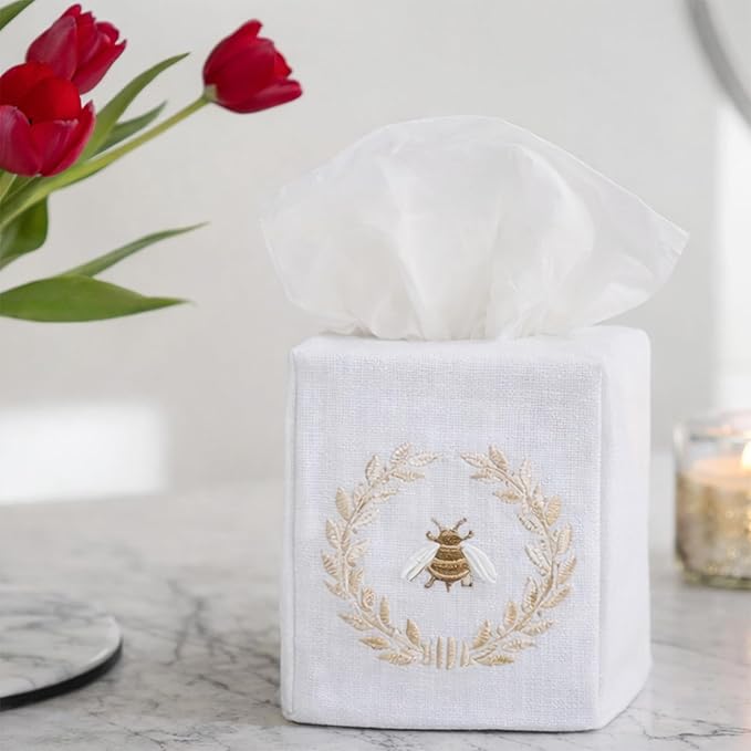 Jacaranda Living Square Tissue Box Cover, Linen/Cotton Fabric Tissue Holder, Decorative Cloth Tissue Cube Cover, Nature Designs Napoleon Bee Wreath (Blue)