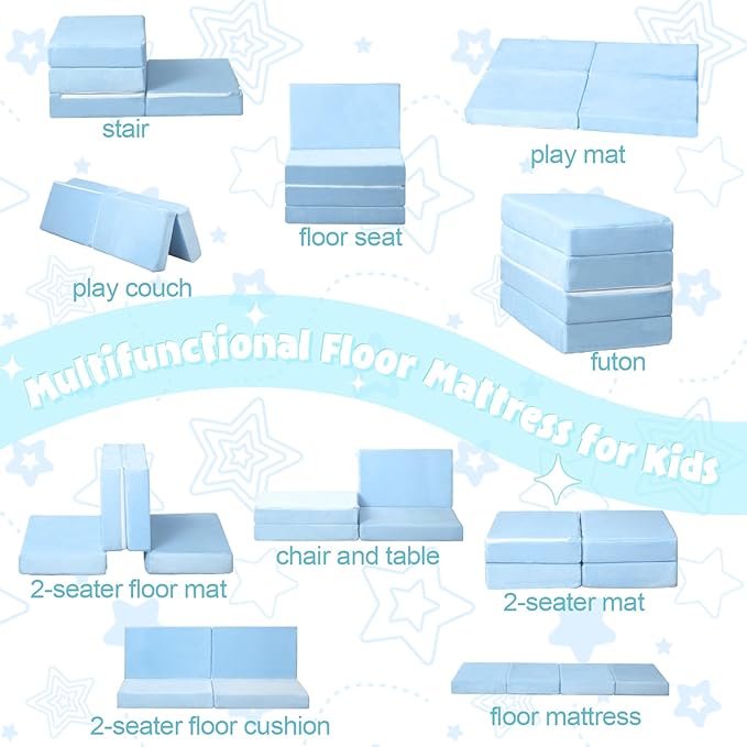 MeMoreCool Kids Foldable Floor Mattress – Plush Trifold Nap Mat, Blue Portable Toddler Sleeping Pad for Daycare & Travel, Machine Washable Cover