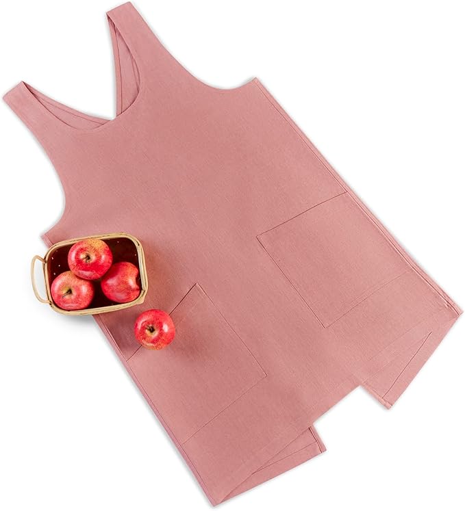 Solino Home Cross Back Linen Apron with Pockets for Gardening, Kitchen - Dusty Rose Pinafore Smock Apron 100% Pure Linen for Men & Women - Handcrafted from European Flax