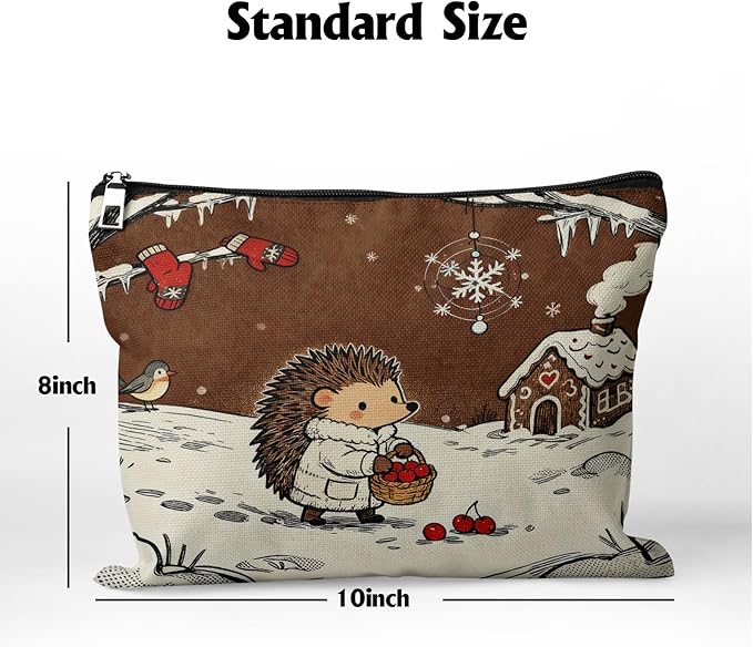 Cafl Hedgehog Winter Snow Makeup Bag Travel Large Cosmetic Bag Organizer toiletry Essentials Jewelry Zipper Bag Gift For Women -10×8 inch