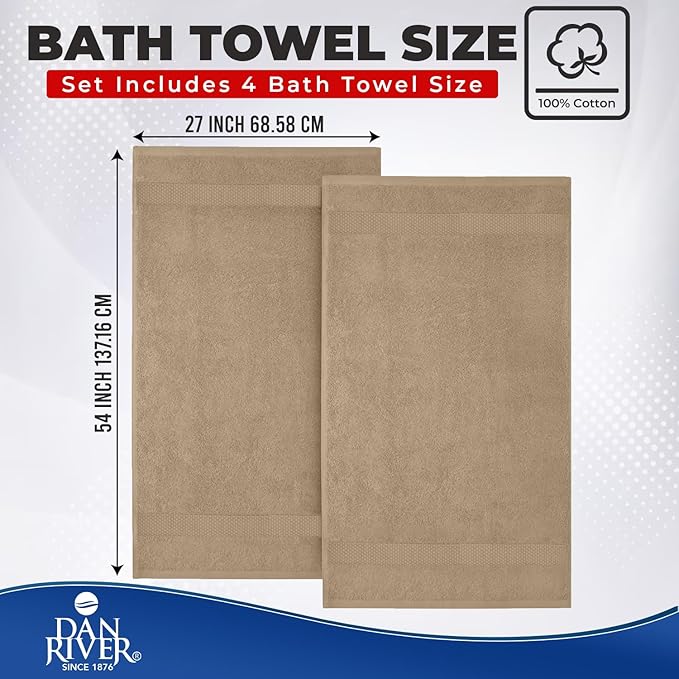 DAN RIVER Bath Towels Set of 4, 27 x 54 Inches, 100% Cotton, Larger & Lighter Weight, Quicker to Dry, Super Soft and Absorbent, Ideal Tan Bath Towels for Daily Use