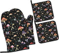 Oven Mitts and Pot Holders Sets of 4 Mushroom Botanical Vintage Kitchen Potholder Gloves Heat Resistant Non-Slip for Chef Baking Cooking Grilling BBQ Mittens