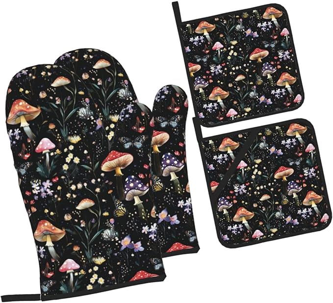 Oven Mitts and Pot Holders Sets of 4 Mushroom Botanical Vintage Kitchen Potholder Gloves Heat Resistant Non-Slip for Chef Baking Cooking Grilling BBQ Mittens