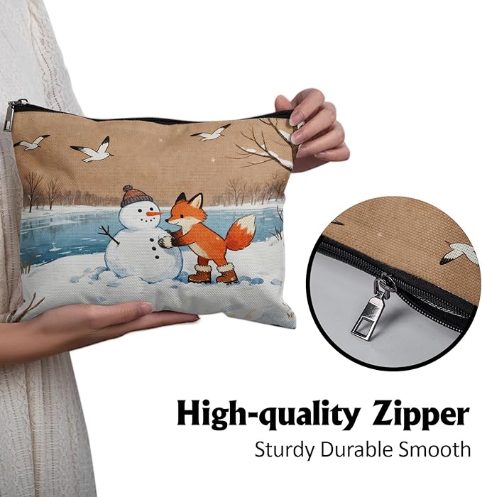 Cafl Fox Making Snowman Makeup Bag Travel Large Winter Cosmetic Bag Organizer toiletry Essentials Jewelry Zipper Bag Gift For Women -10×8 inch