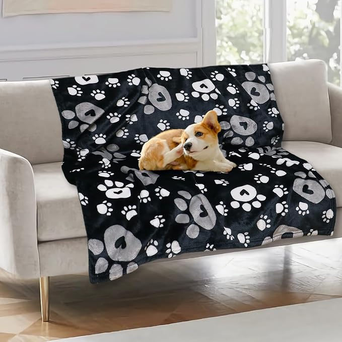Gowyeg Dog Blanket, Soft Fleece Dog Blankets for Small Medium Dogs, Fluffy Flannel Pet Cat Puppy Blanket Mat Cover for Bed Couch, Cute Paw Print Throw Blanket for Dogs, Black, 40"X30"