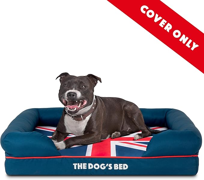 The Dog's Bed Replacement Outer Cover for The Dog's Bed Orthopedic Memory Foam Dog Bed. Washable Oxford Fabric, Medium (Blue with Red Piping UK Flag Embroidery & Centre Flag) Veterinary Approved