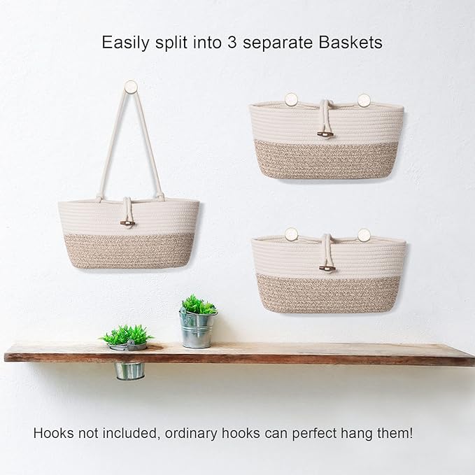 Oradrem Over the Door Basket Cotton Rope Organizer, 3-Tier Wall Hanging Storage Basket, Closet Organizing, Decorative Baskets for Organizing Living Room—14.5“x7 (Apricot)