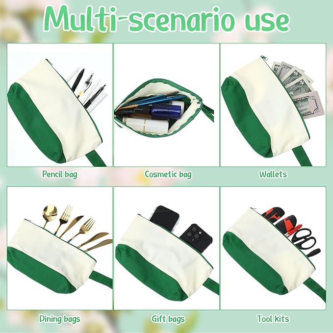 Sanwuta Canvas Tote Bags Bulk with Zipper Cosmetic Pouch 18.5" Reusable Cotton Shopping Bag with Handle for DIY Craft