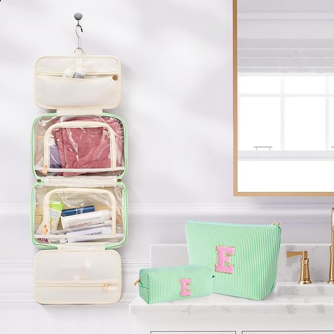 Fystdtote Initial Toiletry Bag for Women - Monogram Cute Makeup Bags Cosmetic Toiletry Pouch Make Up Case for Women Her Friend Friendship Sister Teacher - Green E