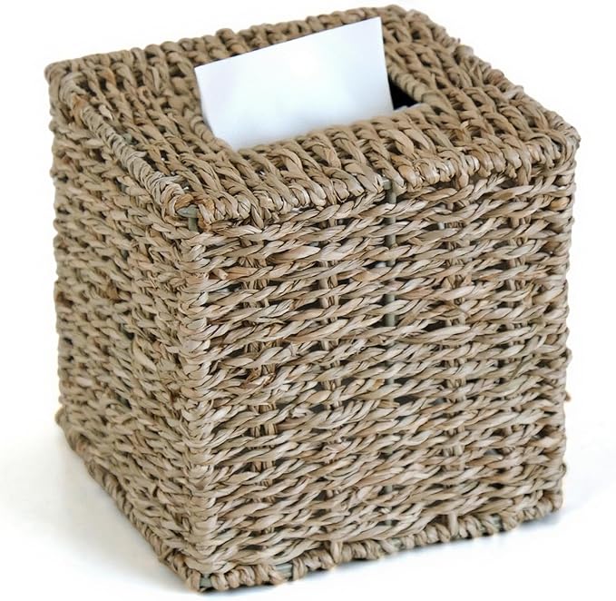 KALEKAIL Seagrass Tissue Box Cover, Wicker Tissue Box Holder Square, Boho Decorative Woven Tissue Cover Facial Cube Tissue Holders for Bathroom Living Room Kitchen, Natural