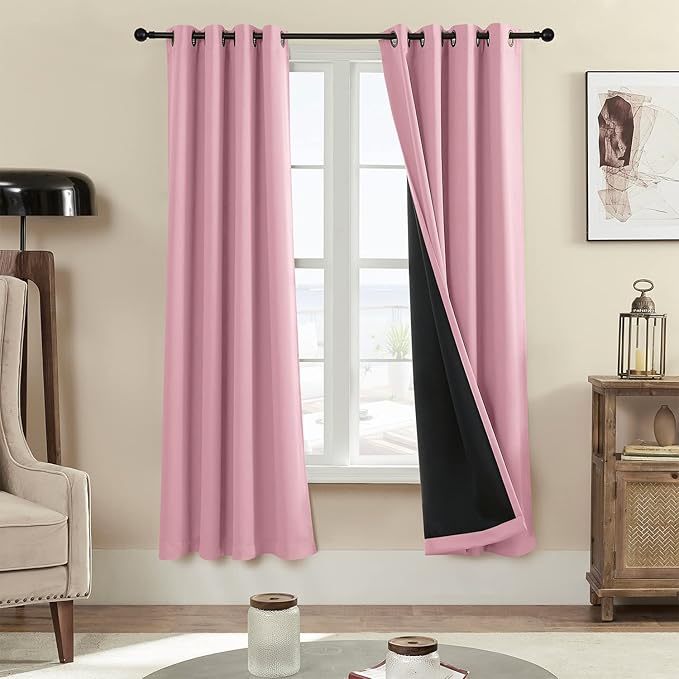 Rutterllow 100% Blackout Curtains 2 Panels, Full Shade 72 Inches Long Complete Drapes for Living Room,Thermal Insulated Bedroom Window Treatment Drapes (Pink, 52x72 inch)