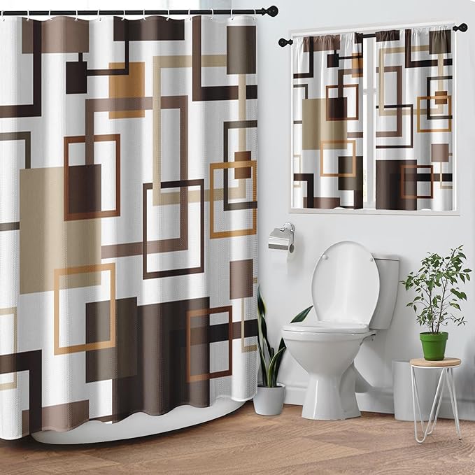 Culudea Geometric Vintage Brown Shower Curtain Set, Abstract Modern Line Bathroom Window Waterproof Shower Curtain Set for Bathroom Decor