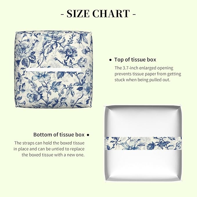 Vintage Blue Floral Flowers Tissue Box Cover Square Leather Tissue Holder Waterproof Facial Paper Organizer Dispenser Cube Paper Cover Case for Home Office Bathroom Vanity Countertop