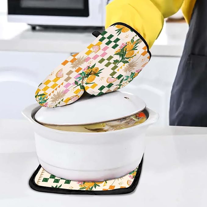Summer Oven Mitts and Pot Holders Set, Lemon Orange Heat Resistant Oven Gloves - Comfortable and Easy to Clean - Perfect Kitchen Accessories for Durability and Style