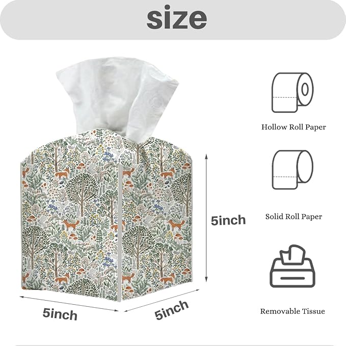 Tissue Box Cover, Tissue Box Holder, Square with Belt Bottom, PU Leather Decorative Organizer for Desk, Tabletop, Countertop Bathroom, Toilet Car, Office, Dresser Bedside, Fox Forest Flower Decor
