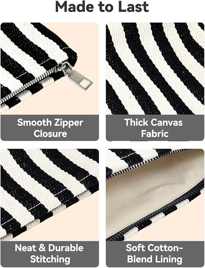 2 Pcs Makeup Bag Set for Women, Travel Cosmetic Bags, Canvas Make up Bag for Purse, Black White Striped Makeup Pouch with Zipper Lining, Cosmetic Storage Car Bag, Portable Large & Small Toiletry