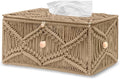 KaloKalo Handmade Tissue Box Cover Rectangle Decorative Macrame Boho Tissue Holder Cotton Rope Woven Napkin Facial Paper Organizer Bohemian Desk Storage Container with Buckle Wood Beads (Khaki)