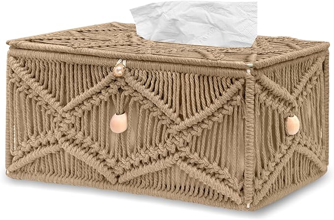 KaloKalo Handmade Tissue Box Cover Rectangle Decorative Macrame Boho Tissue Holder Cotton Rope Woven Napkin Facial Paper Organizer Bohemian Desk Storage Container with Buckle Wood Beads (Khaki)