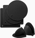 Silicone Trivet Pot Mat and Oven Mitts Sets | Heat Resistant Pot Holder and Mini Non-Slip & Flexible Oven Gloves for Kitchen Baking Cooking, Black