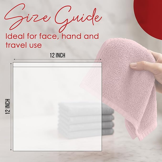 RIVERSIDE 12 Pack Washcloths - 12x12 Inches, 500 GSM, 100% Ring-Spun Cotton - Soft, Absorbent & Durable Face and Body Towels - for Bathroom, Spa, Gym, Makeup Removal & Everyday Use - Dusty Rose