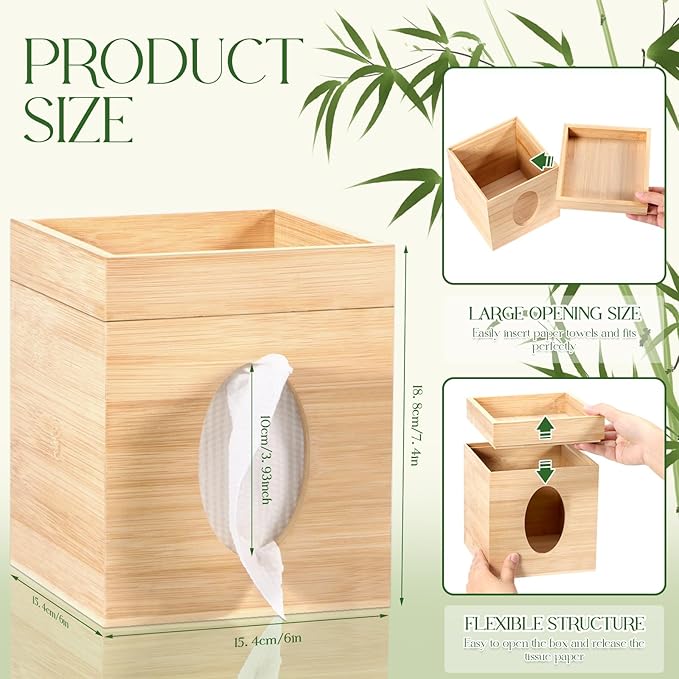 Tissue Box Cover, Bamboo Tissue Box Cover with Storage Tray Square Tissue Box Covers Holder for Bathroom, Bedroom, Dinner Table, Office, Tabletop 6" x 6" x 7.4"