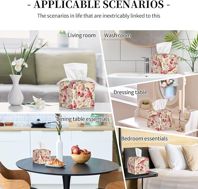 PVC Tissue Box Cover Holder,Flower Square Decorative Organizer,5.2"X5.2"X5.2" Tissue Case for Bathroom,Tabletop,Car,Office
