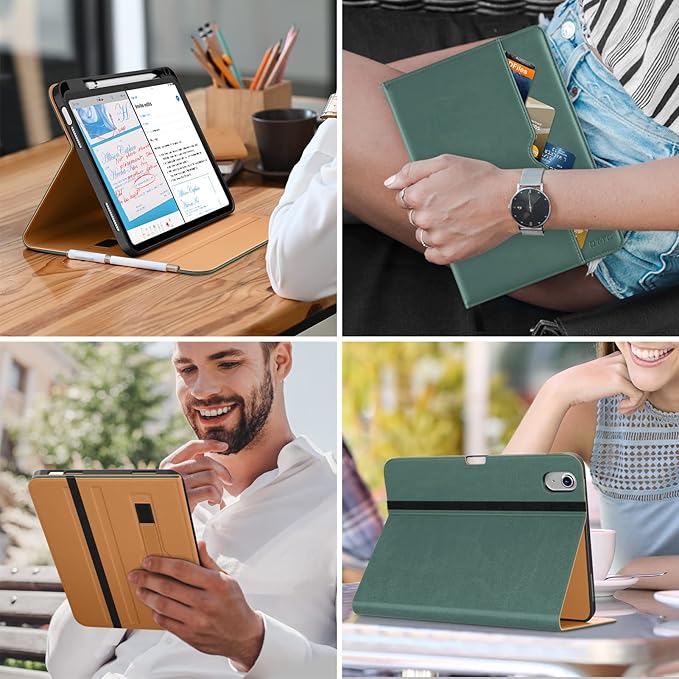 DTTO for iPad (A16) 11th Generation Case 11 Inch 2025, iPad 10th Generation Case 10.9 Inch 2022, Premium Leather Business Folio Stand Cover with Pencil Holder - Auto Wake/Sleep, Midnight Green
