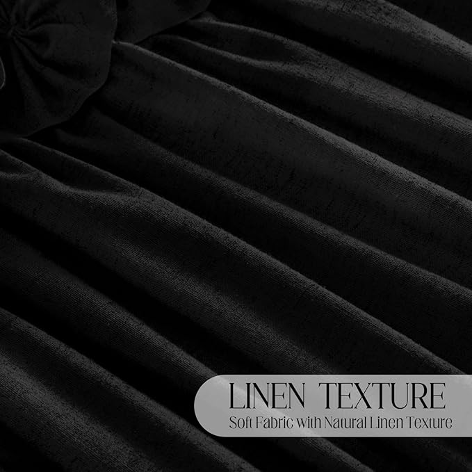 XOGUIBO Ruffle Shower Curtain with Handmade Bow Tie, Black Linen Vintage Farmhouse Shower Curtain for Bathroom, 72" W x 72" H