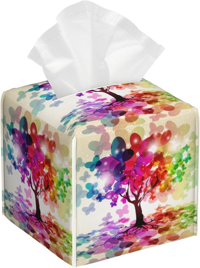 POIUBLE Colorful Tree Tissue Box Cover Leather Tissue Box Holder Square Facial Paper Organizer Dispenser for Bathroom Kitchen Bedroom Vanity Countertop Night Stands