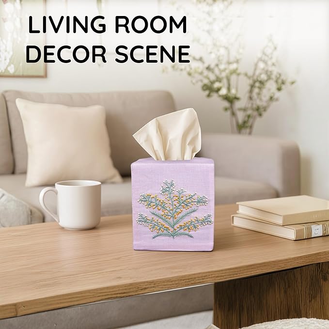 EmbroideryLinen.VN Tissue Box Cover Set of 2, Square Linen Tissue Holder, French Knot Hand Embroidered Floral Design, 4.5x4.5x5.5 Inches, Decorative Holder for Bathroom, Living Room, Office (Pink)