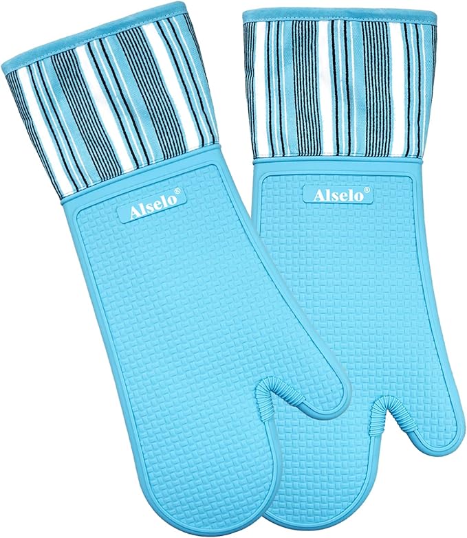 Oven Mitts Heat Resistant Silicone Kitchen Gloves for 550 Degrees with Waterproof and Non-Silp, Oven Gloves for Baking Cooking Barbecue Microwave Machine Washable (2, Extra Long Sapphire)