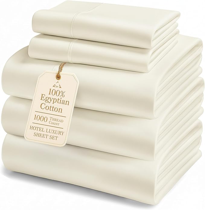 LANE LINEN 100% Egyptian Cotton Split King Bed Sheets for Adjustable Beds - 1000 Thread Count, Soft & Comfy Sateen Weave for Silky Smooth Finish, Available in Variety of Colors -Ivory