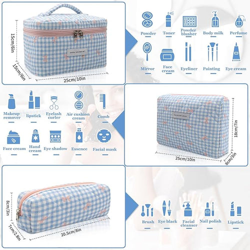 3pc Makeup Bag Set, Quilted Makeup Bag Set, Large Floral Cosmetic Bag for Women, Cute Cotton Makeup Bags, Flower Travel Toiletry Organizer Bag (Blue Plaid Bow)
