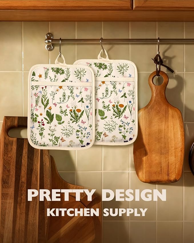 Slohif Silcone Flower Pot Holders for Kitchen - 100% Cotton Beige Cute Retro Oven Potholders with Pockets, Heat Resistant Square Thick Hot Pads, House New Home Baking Baker Gifts,2pack