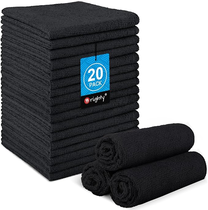 Orighty Washcloths Towels Set 20 Pack, Highly Absorbent and Soft Feel Microfiber Face Cloths, Multi-Purpose Wash Cloths & Hand Towels for Bathroom, Hotel, Spa, and Gym, 11.5x11.5 Inch, Black